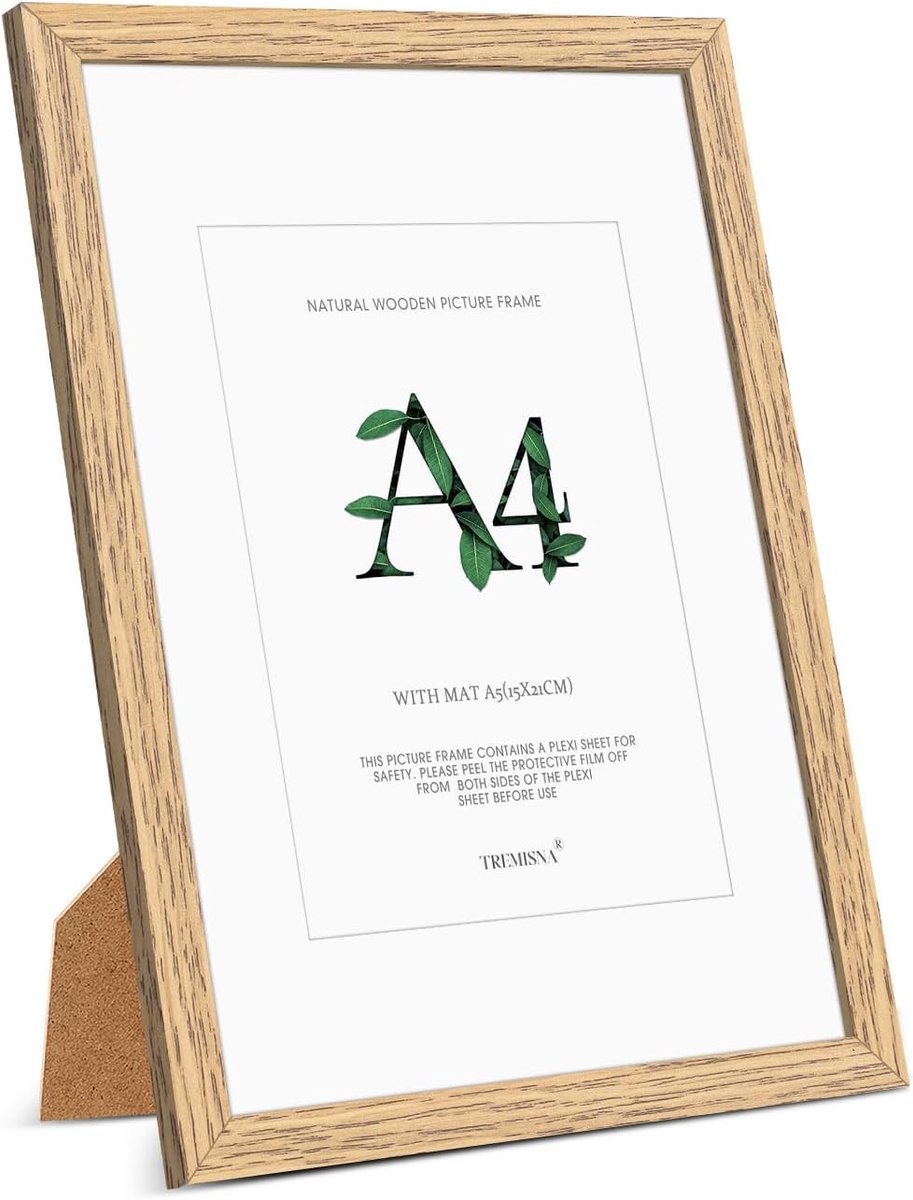 1x A4 (21x29,7 cm) fotolijst natuurlijk hout.A4 fotolijst - met mat voor A5 (14,8 x 21 cm) — Inclusief HD Perspex en - ShopVlot
