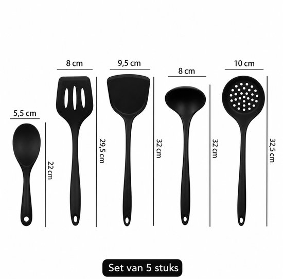 Afmetingen van een set van 5 zwarte siliconen keukengerei: lepel, sleufspatel, wokspatel, soeplepel, schuimspaan.