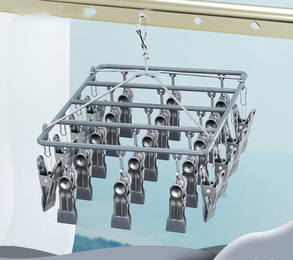 Stainless Steel Drying Rack Metal Clothes Rack with 23 Clips Windproof Hooks Clothes Pegs for Socks Scarves Gloves - ShopVlot