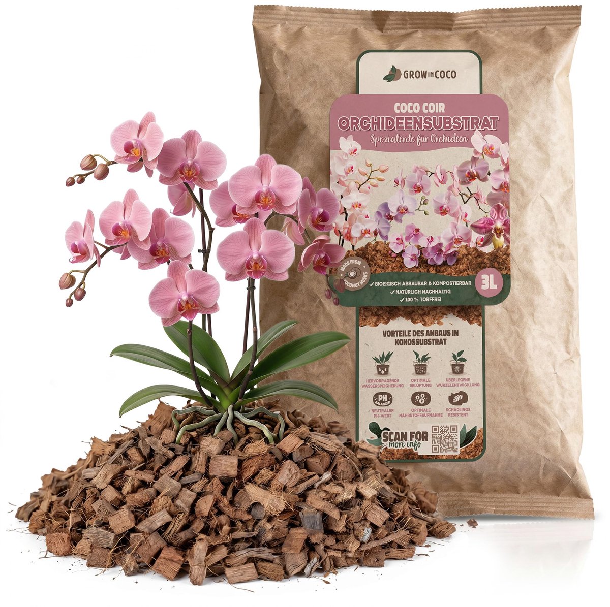 GROWinCOCO Kokosvezelsubstraat voor orchideeën, 3 liter, 100% turfvrije orchideeënaarde, luchtig en vochtregulerend - ShopVlot