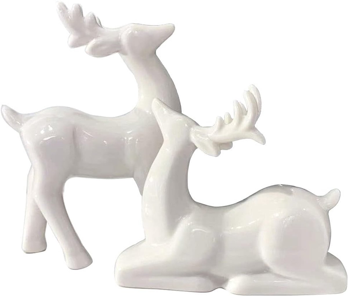 Porcelain Christmas Reindeer Figurines, Pack 2 Mini Animals Reindeer Decor Deer Statues Sculpture Tabletop Ornaments - ShopVlot