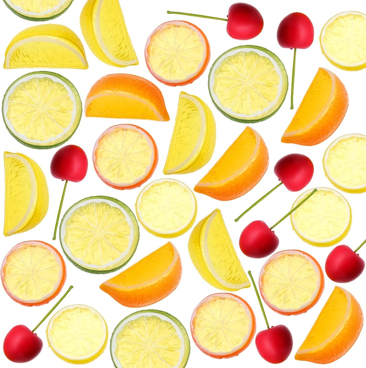 35pcs Artificial Lemon Slices Blocks Red Cherries, Fake Fruit Simulation Model Decoration for Party Home Kitchen Desk - ShopVlot