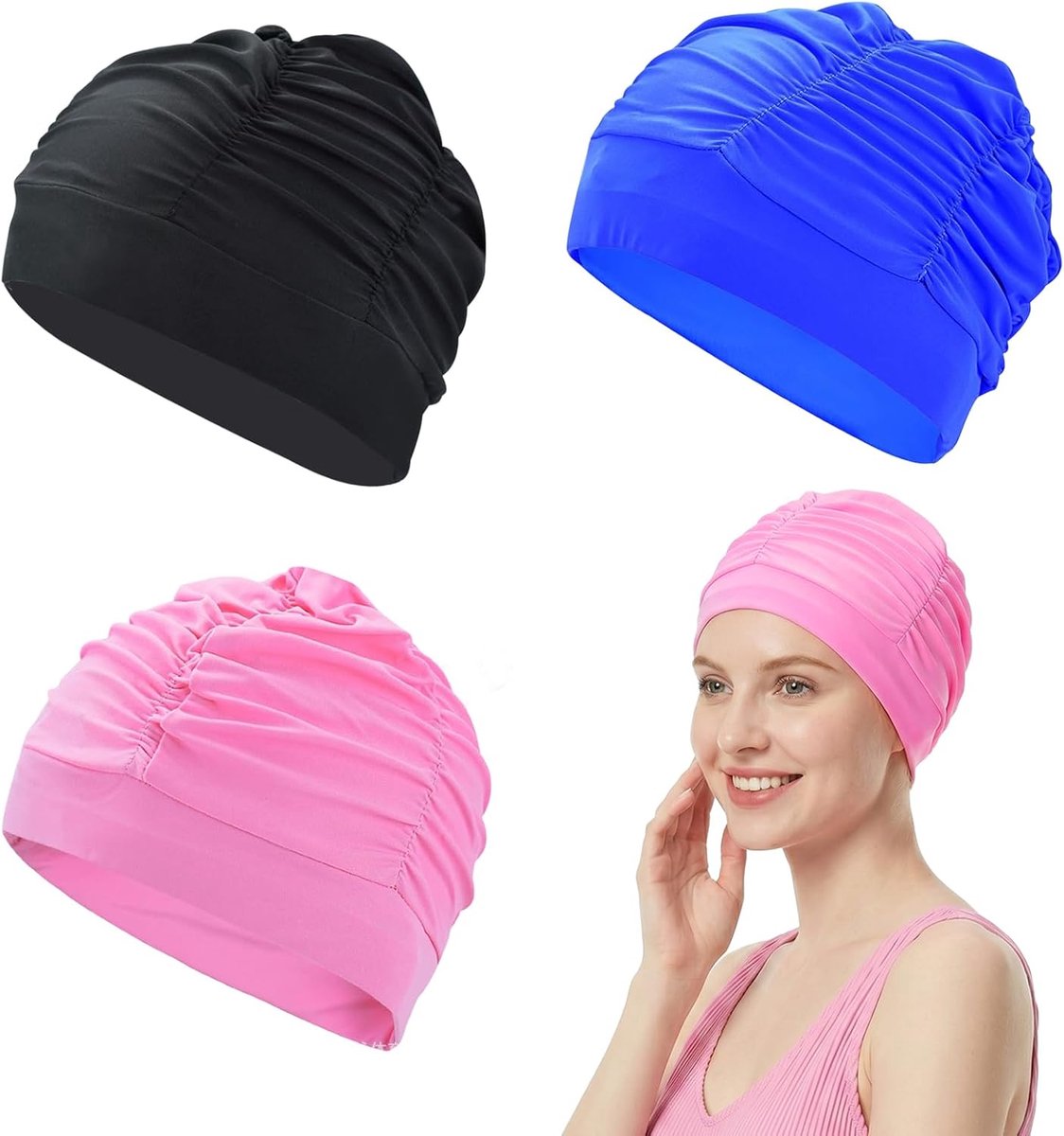 3 stuks badmutsen voor dames, ademende badmutsen van polyester, elastische en plooi-look, extra groot voor lang haar - ShopVlot