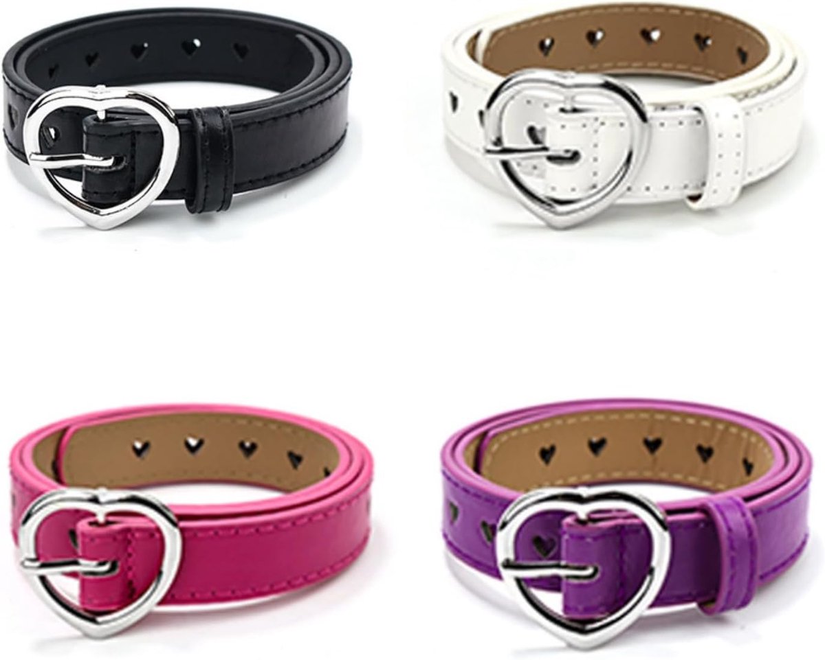 Set of 4 Heart Buckle Elastic Waistband Girls Adjustable Stretch Belt Quick Release Cute Belt Black White Purple Pink - ShopVlot