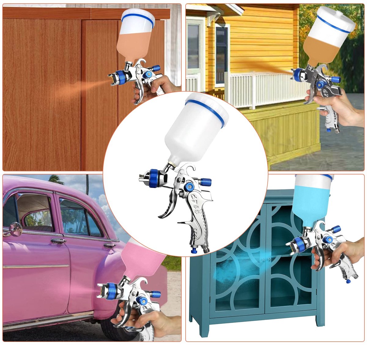 HVLP Verfspuitpistool met 3 Sproeiers - Luchtspuitpistool met 1,4 mm, 1,7 mm en 2,0 mm Nozzles - 600 cc Verfbeker voor Auto's, Muren, Meubels en Doe-Het-Zelf Schilderwerk - Professionele Spuitverf Tool - Blauw