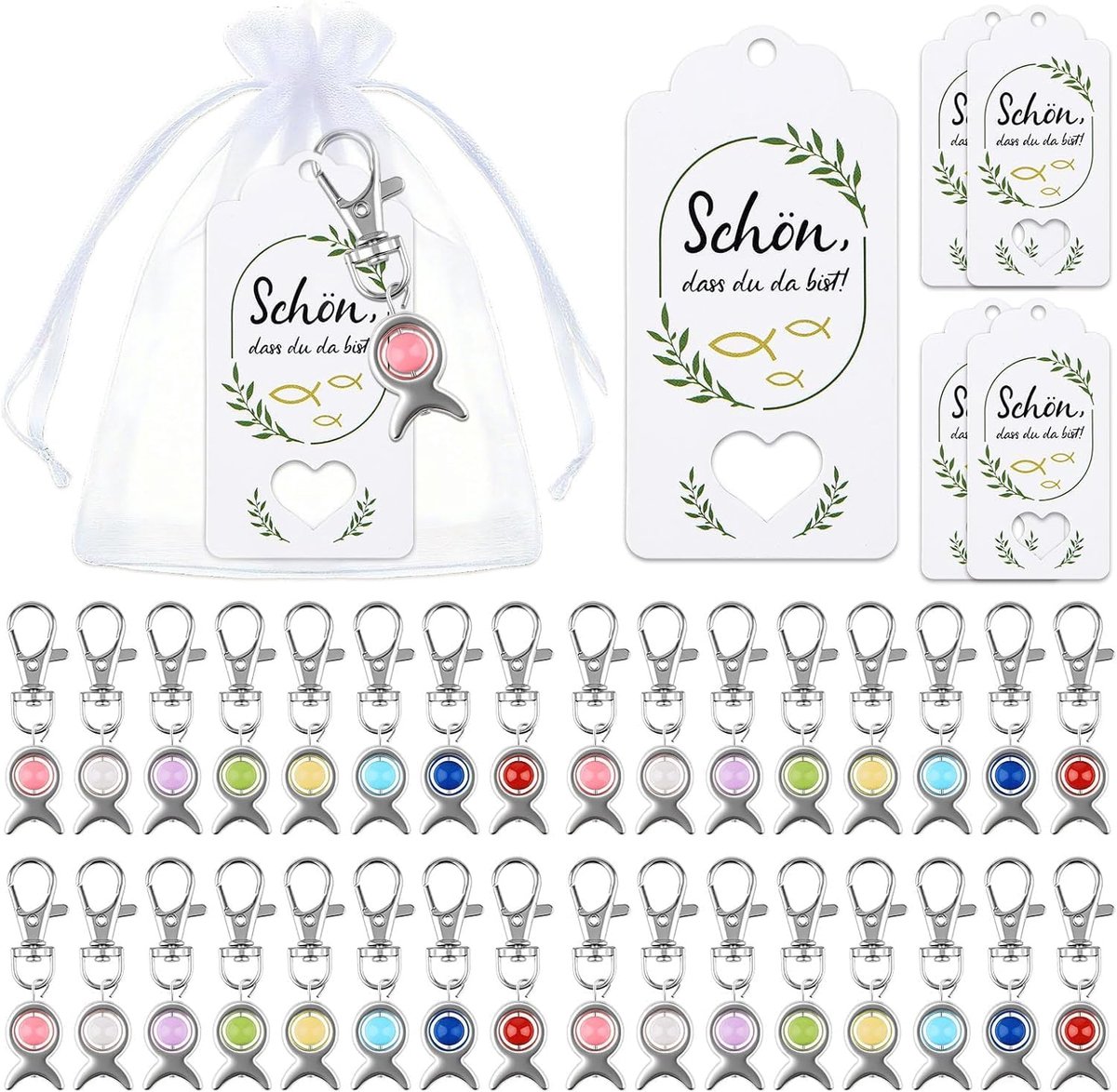 Vis doop decoratieve hangers set 32 stuks - 8 kleuren - inclusief organza zakjes en zegenskaarten - ShopVlot