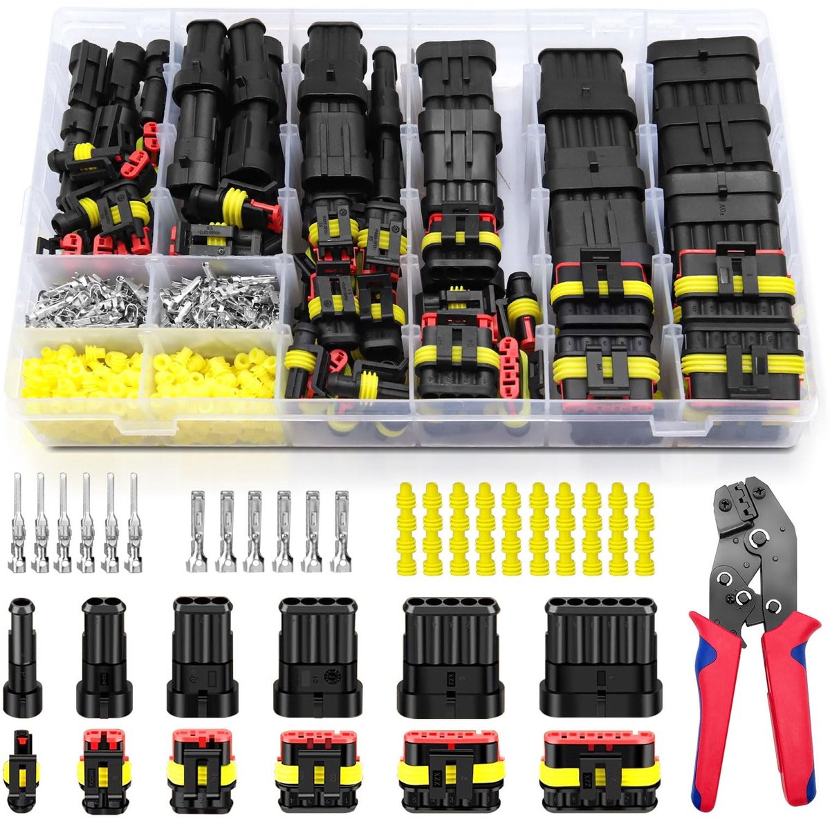SnelShoppen - Autostekkerset 808 Stuks, Waterdichte Auto-Connectoren met Krimptang, 1-6 Polig Superseal Stekker voor Tractor, Auto, Vrachtwagen, Boot,