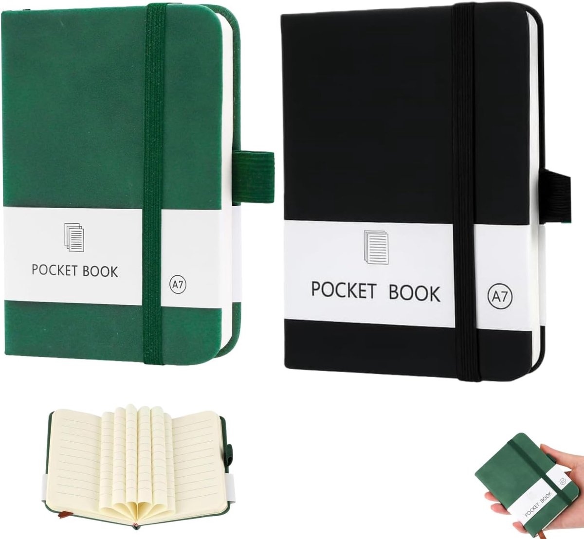 Notebook A7 - 2 Stuks - Zwart + Groen - Met Elastische Sluiting - Perfect voor onderweg - ShopVlot