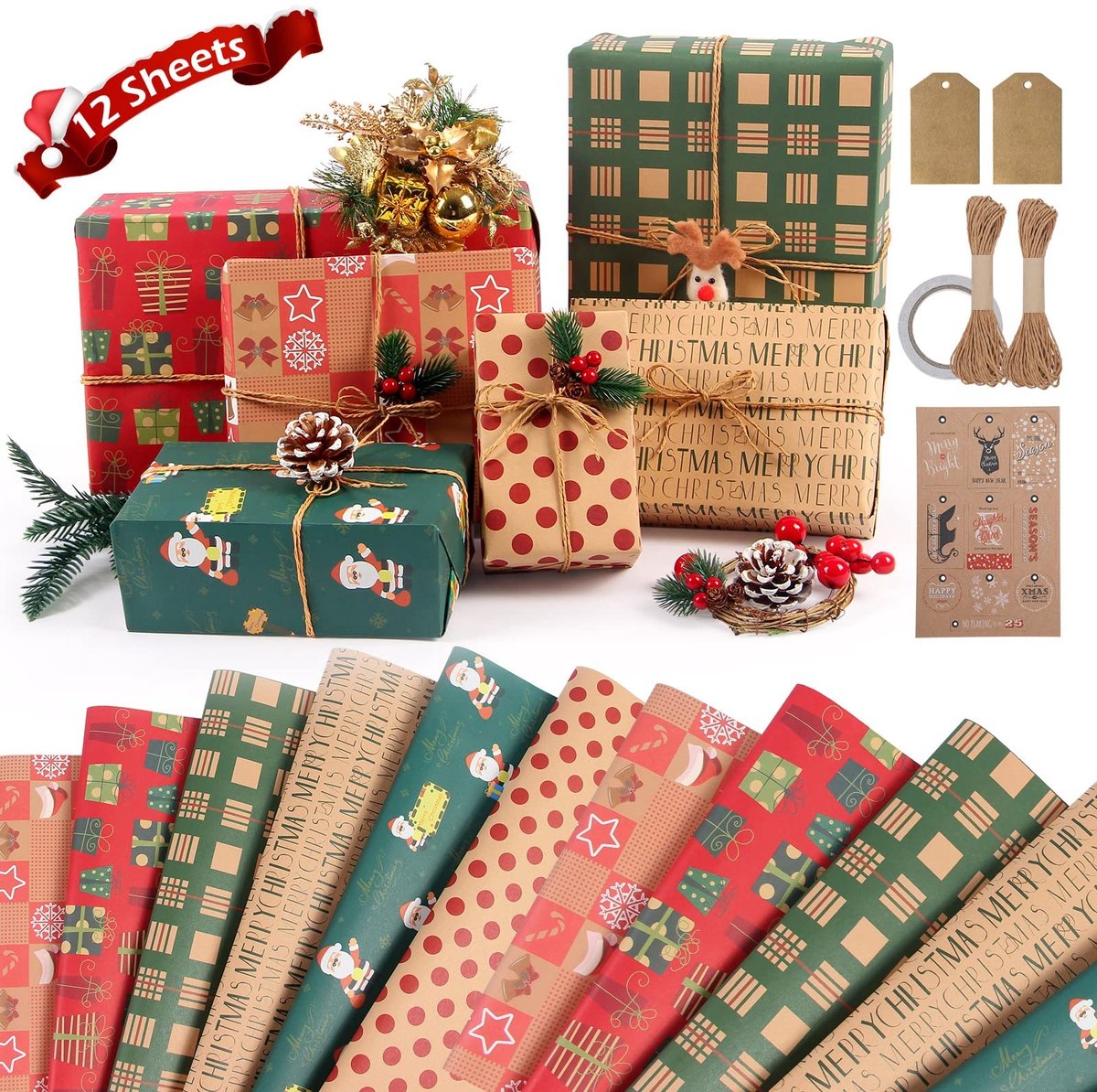 Solidchoice - Kerst Cadeaupapier Set met 12 Vellen