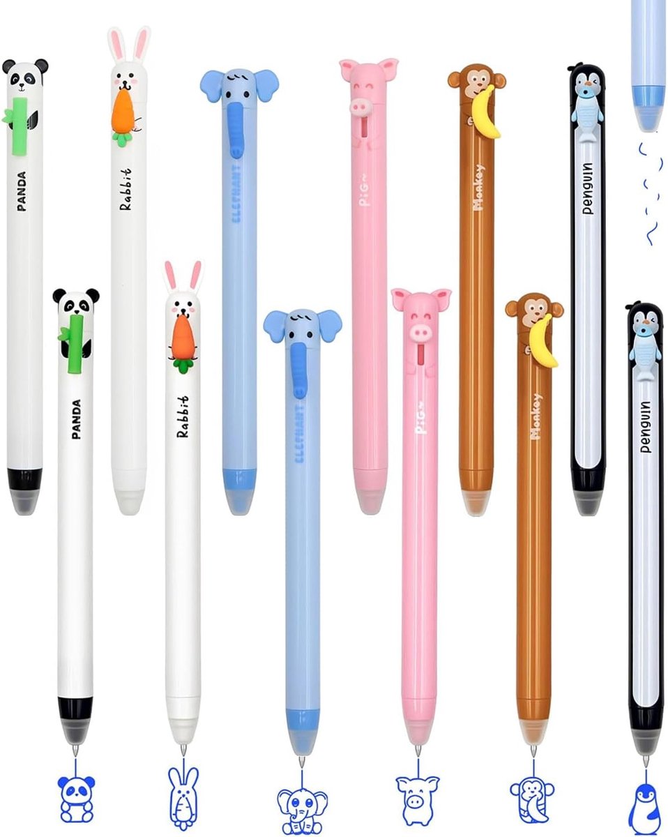 Set van 12 uitwisbare gelpennen 0,7 mm - Kawaii-dierenmotieven - intrekbare pennen - ShopVlot