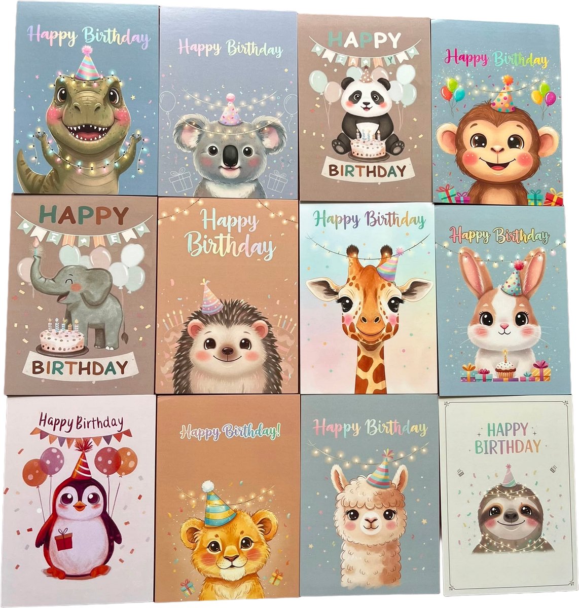 Dieren Verjaardagskaarten Set van 12 Stuks met Enveloppen - Schattige Verjaardagskaarten A6 - FIFO - Leeuw, T-Rex, Giraffe, Olifant, Panda, Luiaard, Koala