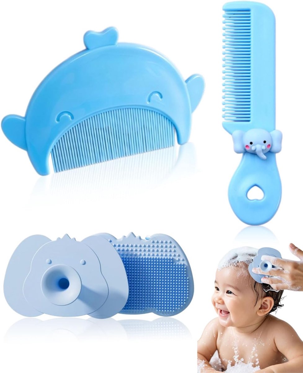 babybadborstel en kam set - 3 stuks - siliconen - tegen melkschorst - ShopVlot