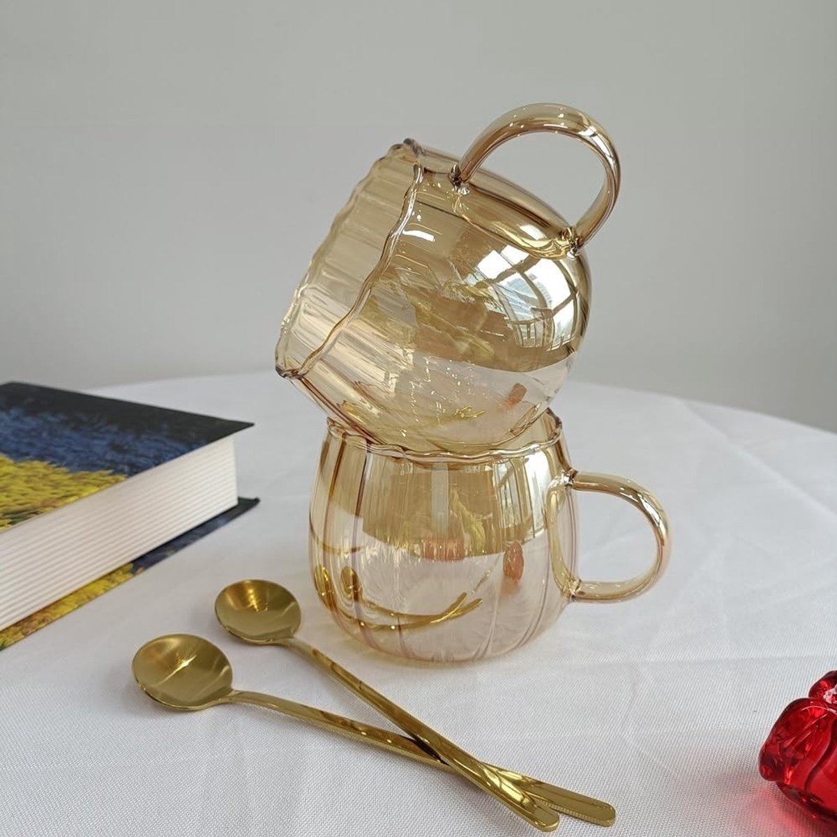 Koffiemokken Set - Barnsteen - 350 ml - Hitte- en Koudebestendig Borosilicaatglas - Voor Thuis of Kantoor