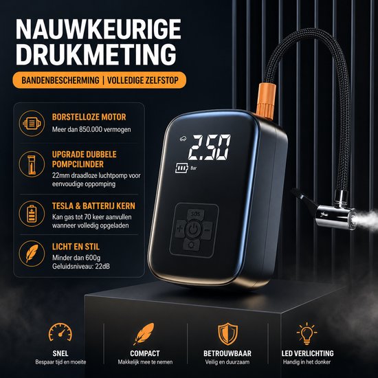 Draadloze Bandenpomp – Elektrische Luchtpomp met Digitale Bandenspanningsmeter – Auto Stop – LED – Voor Auto, Fiets & Motor — afbeelding 3