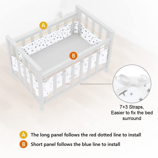 Set van 2 Zachte en Ademende Bedhekken met 10 Vaste Straps, Wasbaar, 340 cm x 30 cm + 160 cm x 30 cm, Ideaal voor Babybedjes en Veiligheid — afbeelding 2