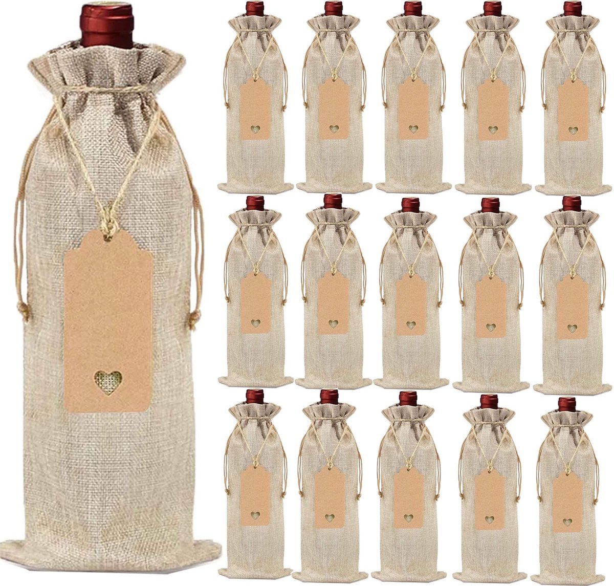 Solidchoice - Set van 16 Herbruikbare Jute Wijnzakken