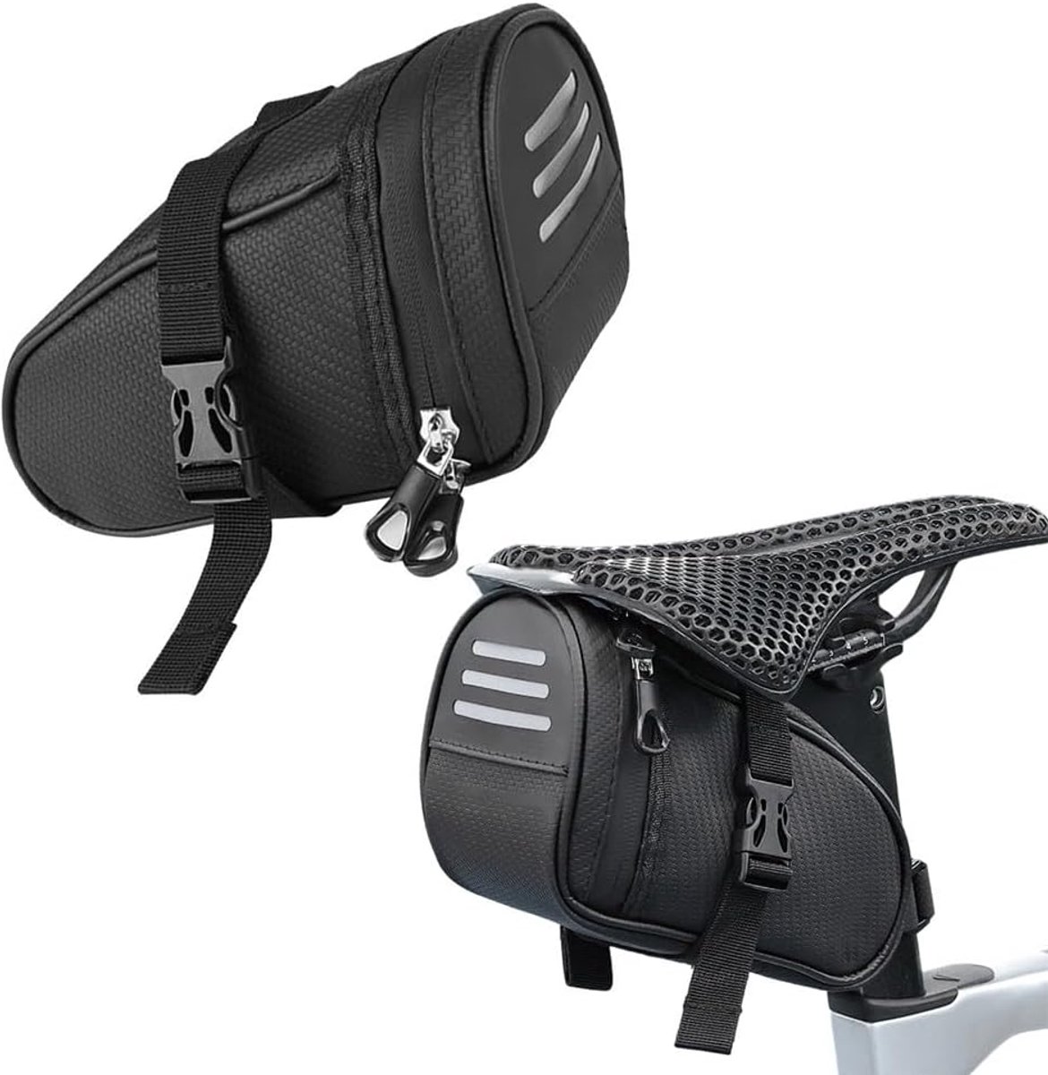 Zadeltas racefiets - 20x9x11.5 cm - Fiets Tas - Waterdicht - Racefiets - Mountainbike - Fietsaccessoires - Zadeltas Mountainbike - Fietstassen - met Reflecterende Strepen - Zadeltas Geschikt Voor E-bike, Racefiets, Trekkingfiets - Zwart