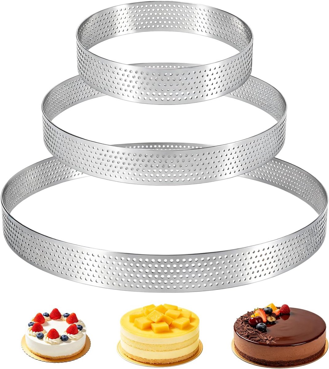 Mousse Tartelette vormpjes 10/15/20 cm - roestvrij staal - geperforeerde wafelringen - perfect voor taarten - ShopVlot