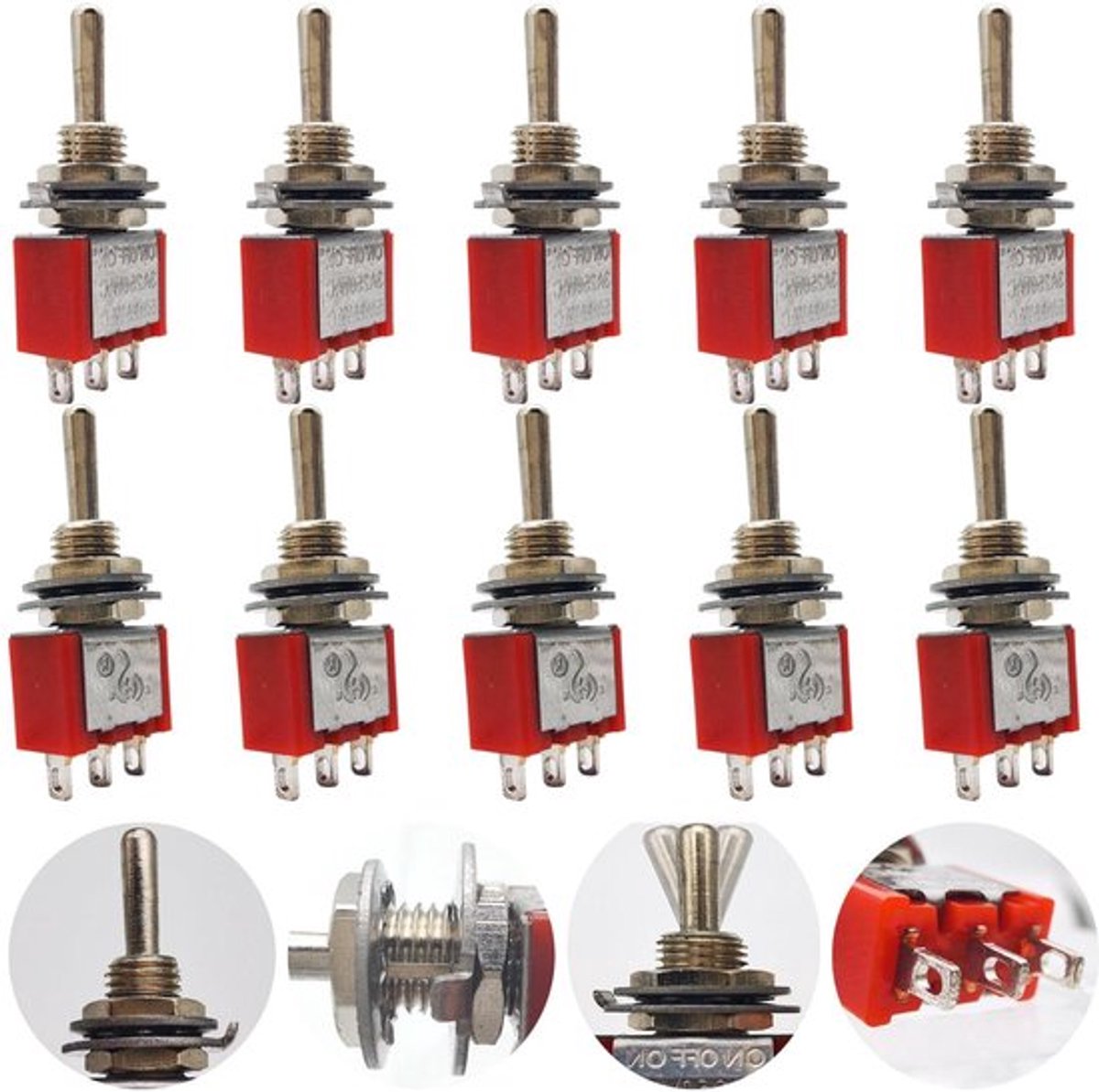 Mini Tuimelschakelaar AC 125 V 6 A / 250 V 2 A SPDT AAN-UIT-AAN 3 Pinnen 3 Posities Voor Schepen en Instrumentenpaneel Rood 10 Stuks.