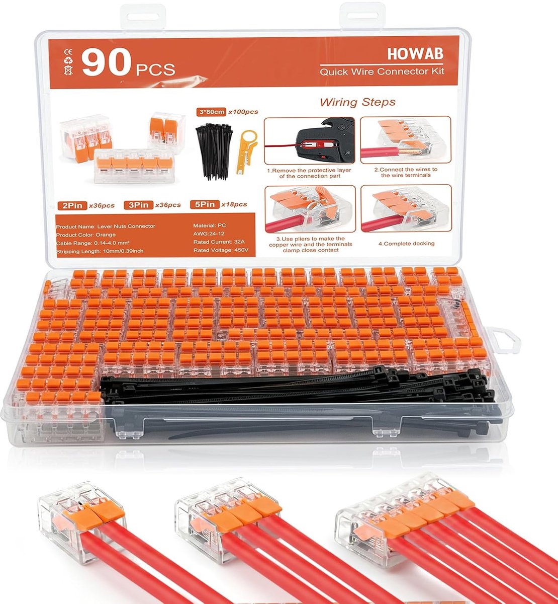 Elektrische connectors set 90 stuks - compacte kabelverbindingen met hefboom - diverse polen en kabeltjes - ShopVlot