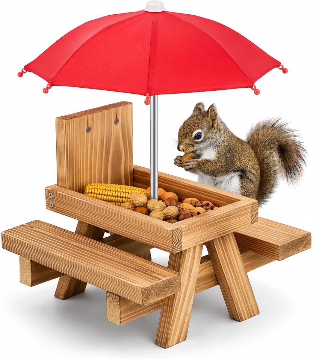 Eekhoornvoederbak weerbestendig - Houten voederhuisje - Met maïskolfhouder - Ideaal voor in de tuin - ShopVlot