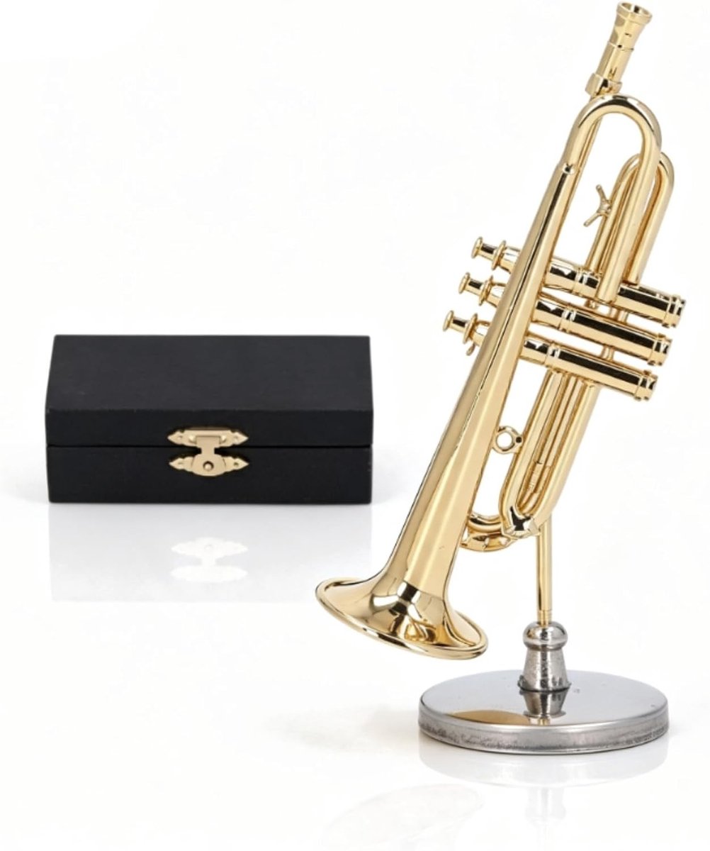 Miniatuur Trompet Model van Messing met Stand en Opbergtas, Perfect Mini Muziekinstrument voor Bureau en Boekenplank (9 cm)