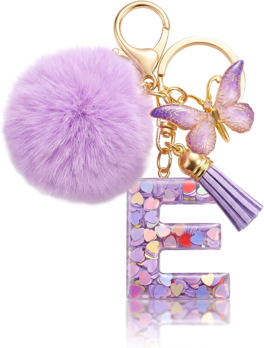 Initiallaarsleutelhanger met vlinderhanger en pompom - model E - cadeau voor vrouwen en meisjes - uniek en stijlvol - ShopVlot