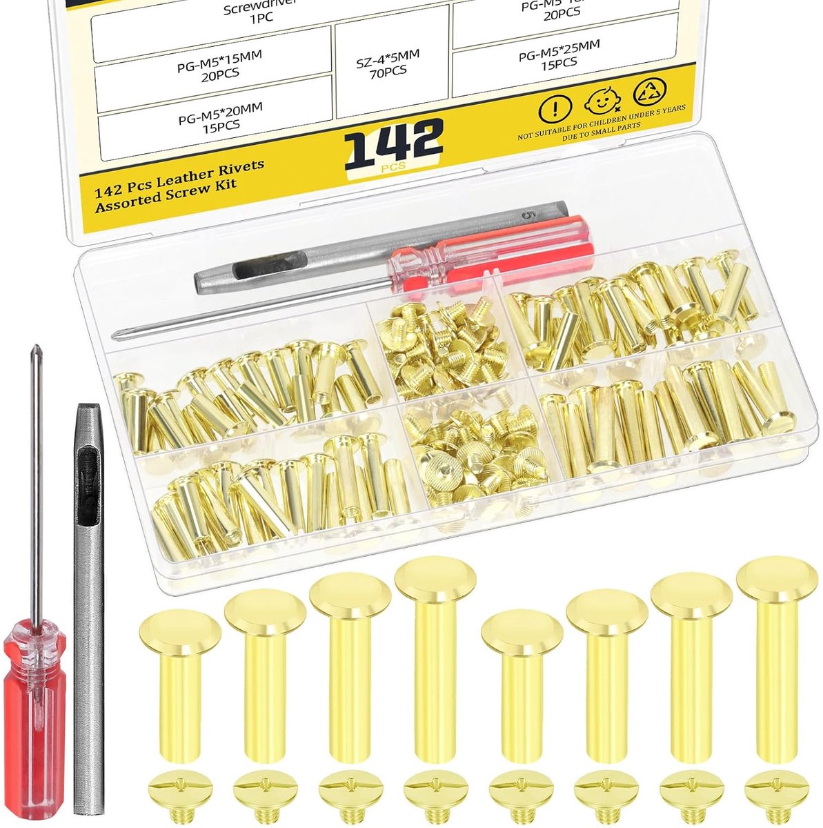 Chicago screws M5 70 sets - goudkleurig - diverse maten - ideaal voor leren projecten - ShopVlot