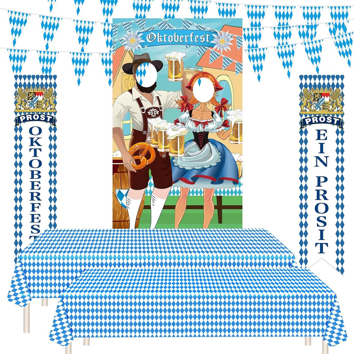 Oktoberfest versieringen set - 6 delig - Bavarian tafelkleed en banners - perfect voor feesten - ShopVlot
