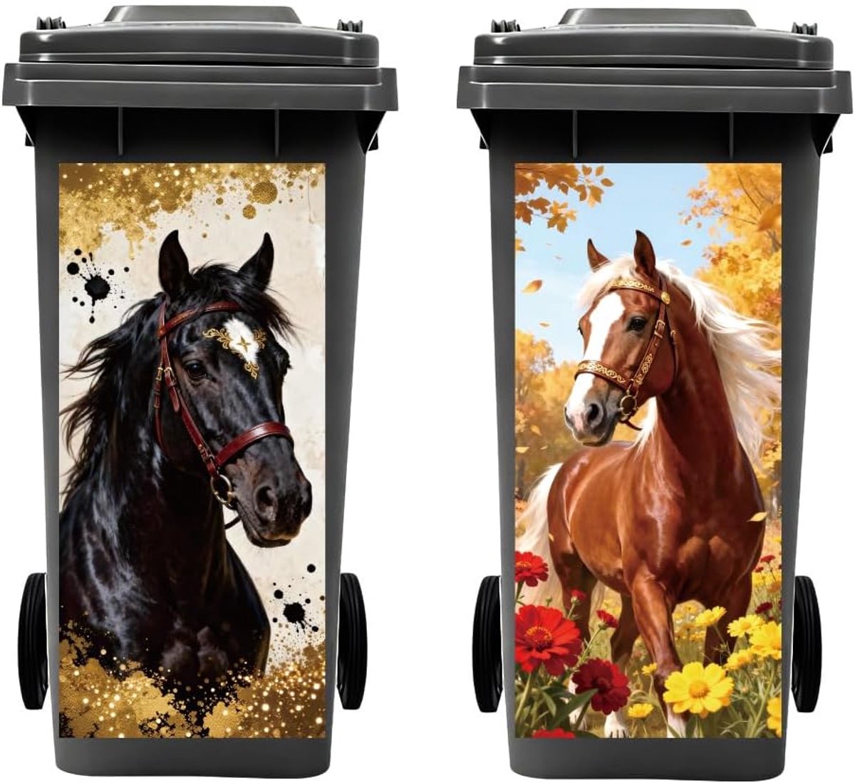 Afvalcontainer stickers 15 x 81 cm - waterproof bloemen en paarden - decoratief voor buiten - ShopVlot