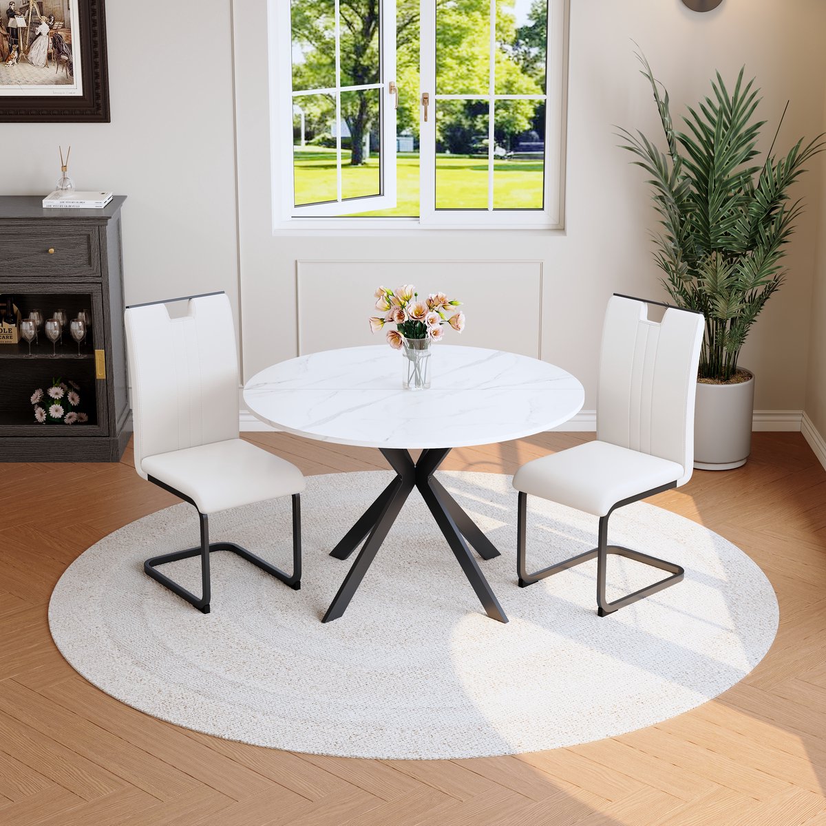 DESMIU Eettafelset Rond 2 Stoelen Moderne Eettafel Met Wit Marmorlook MDF Metalen X Onderstel Voor Eetkamer Keuken En Woonkamer Wit