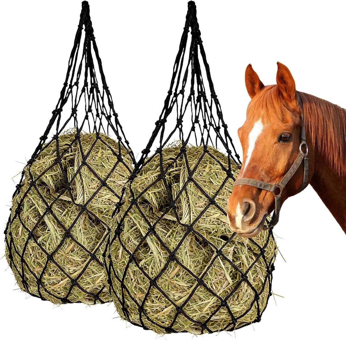 Hooinet voor paarden, 2 stuks, fijne maas 6 x 6 cm - robuust polyester - interactieve voederervaring - m-winkel