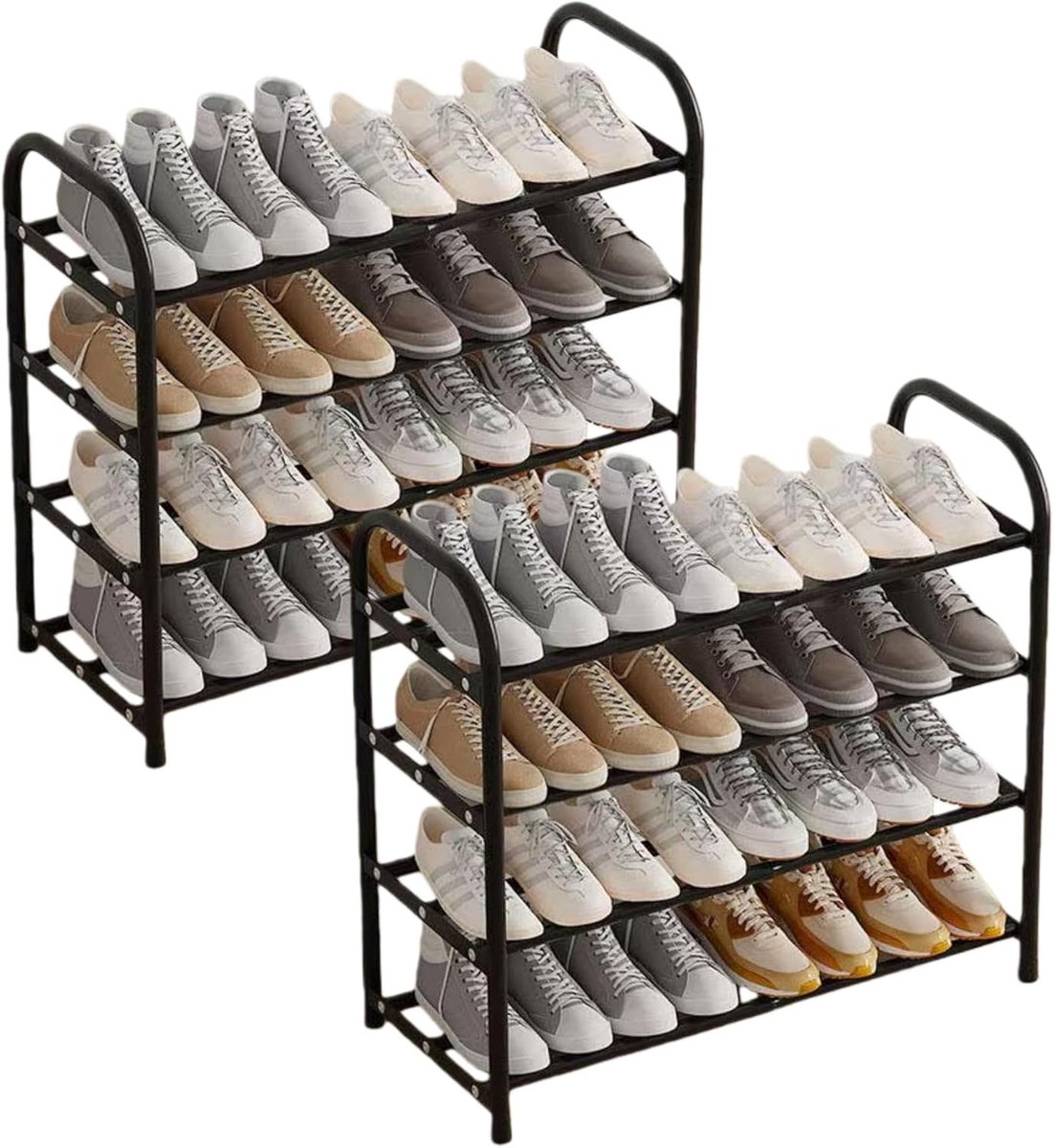 Narrow Shoe Rack Uitbreidbaar en Ruimtebesparend voor Hal, Gang en Buiten, 45 tot 83 cm, Zwart, 2 stuks/4 verdiepingen