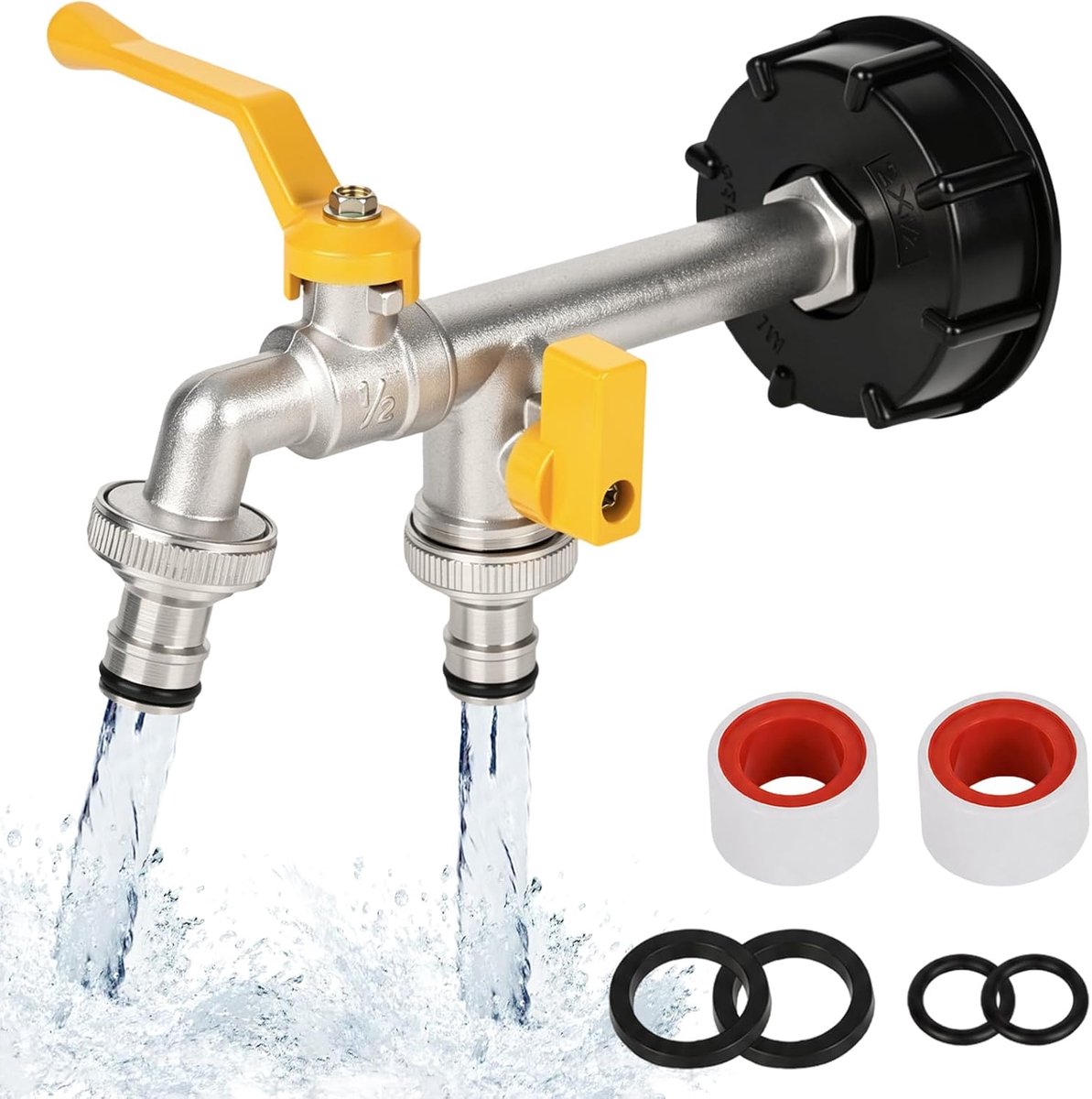IBC uitloopkraan 1000l - messing kogelkraan - dubbele uitloop 1/2 + 3/4 inch - perfect voor regenwatertank - ShopVlot