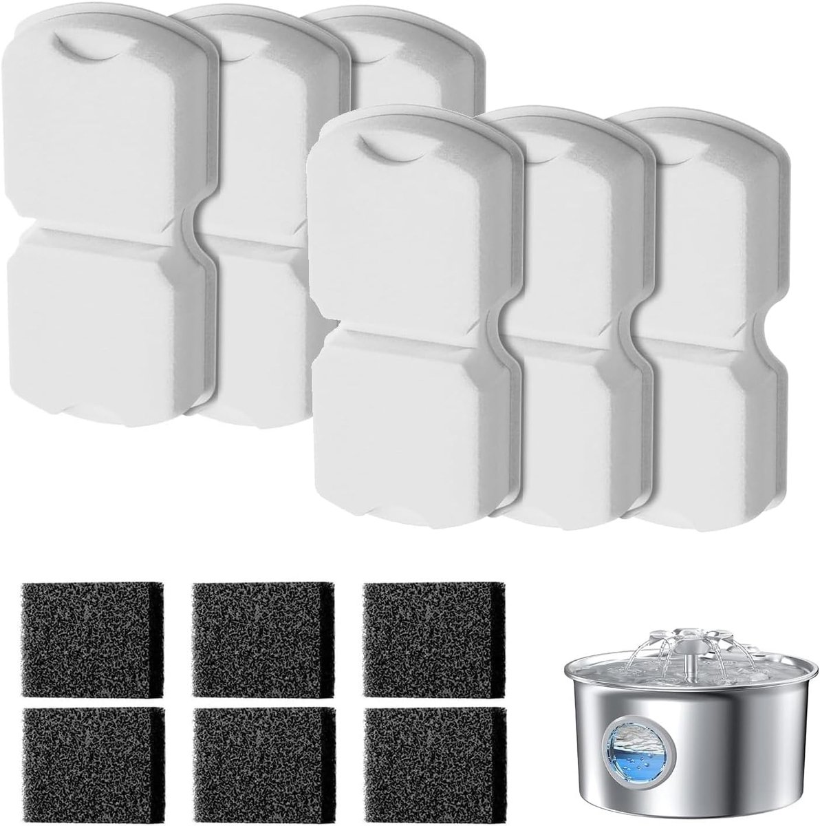 Kattenfonteinfilter en reservesponzen - 12 stuks - compatibel met ATMZIQXR S18 - houdt water altijd fris - ShopVlot