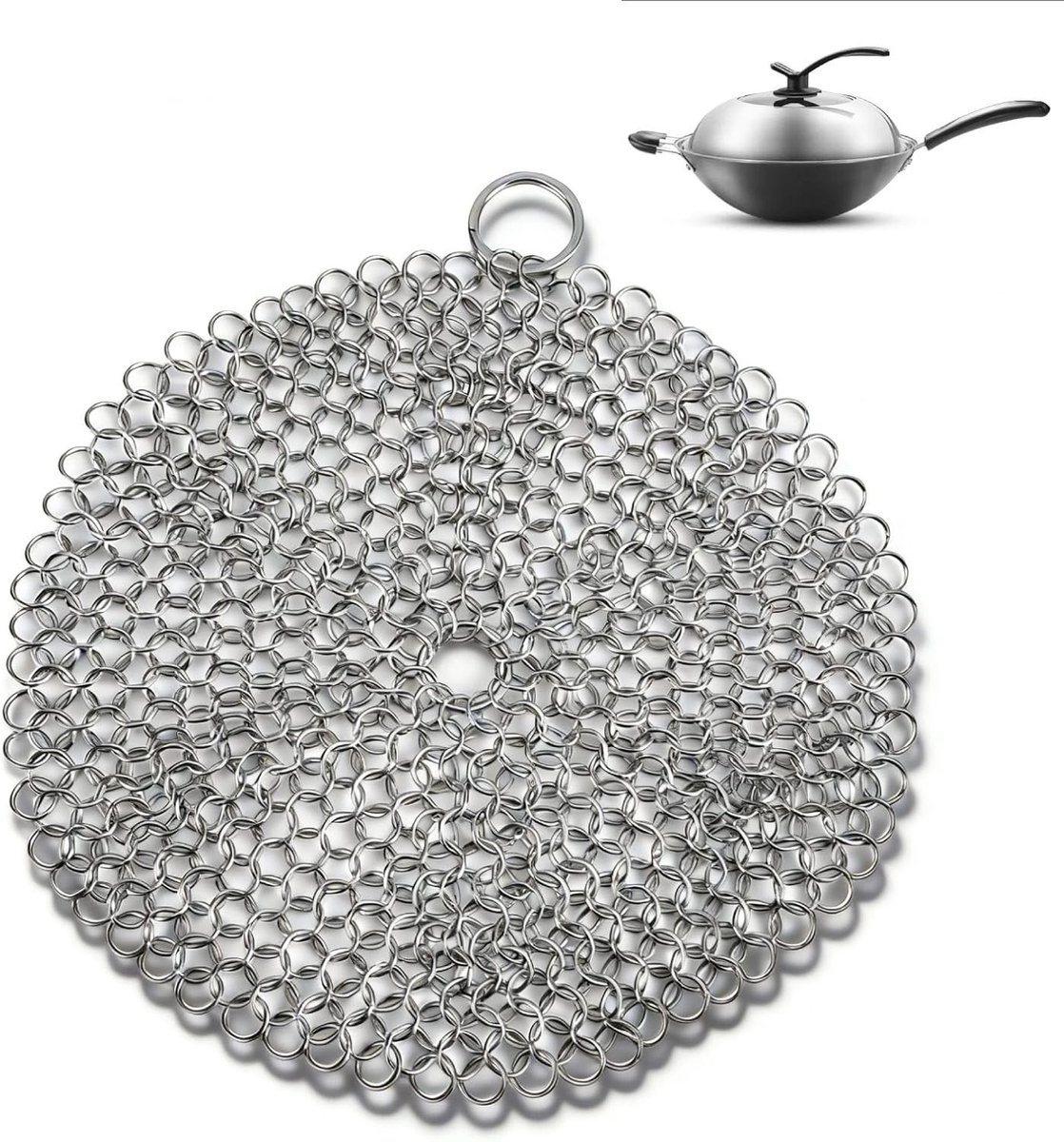 Kruisbestendig Schoonmaakmiddel voor Gietijzeren Pannen, Rvs Chainmail Scrubber voor Wok en Potten, Effectieve Keukenreiniger met Hangring
