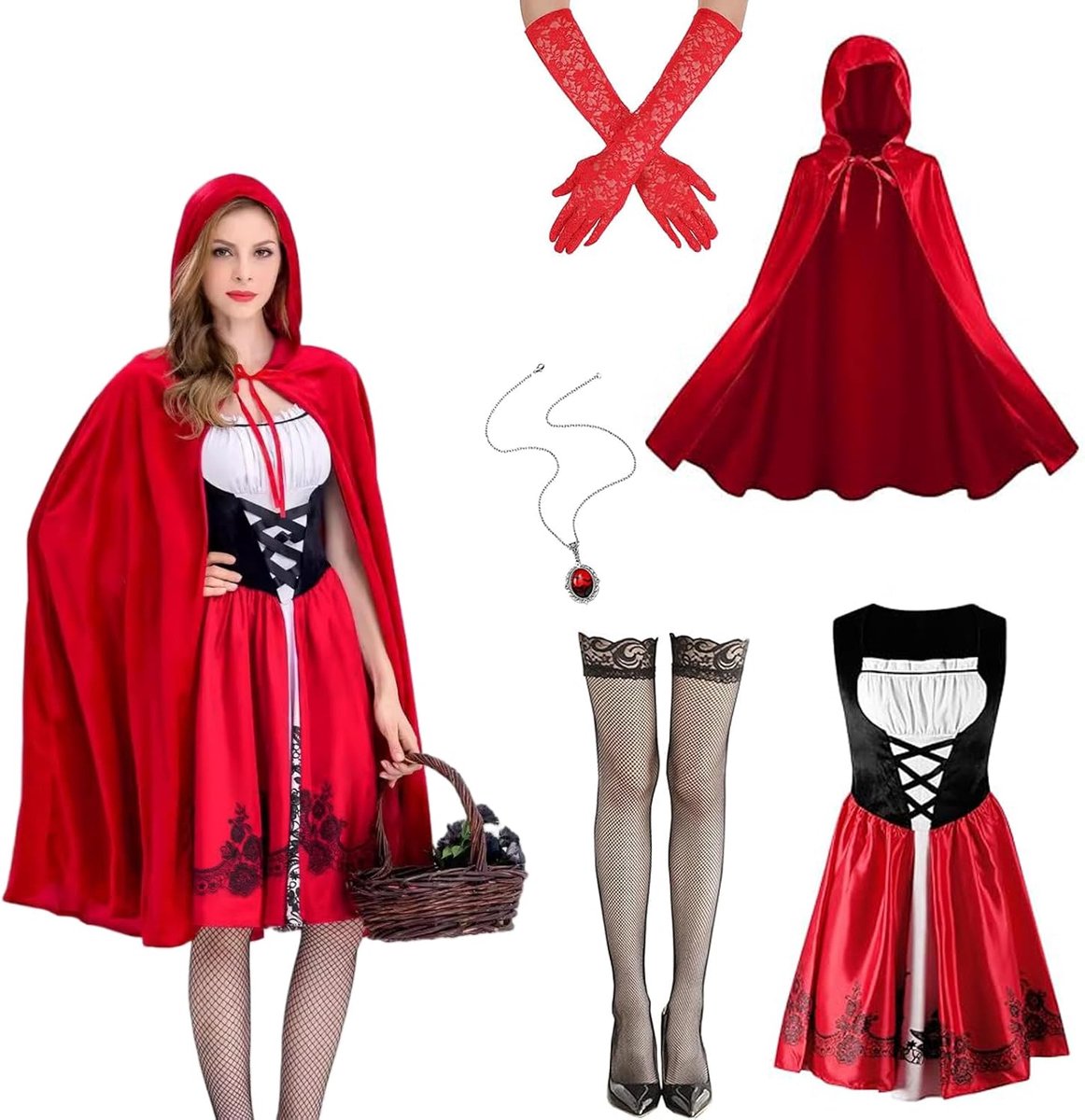 Red Riding Hood Costume for Adults, Red Riding Hood Dress and Cape with Necklace, Gloves and Black Stockings, Princess - ShopVlot