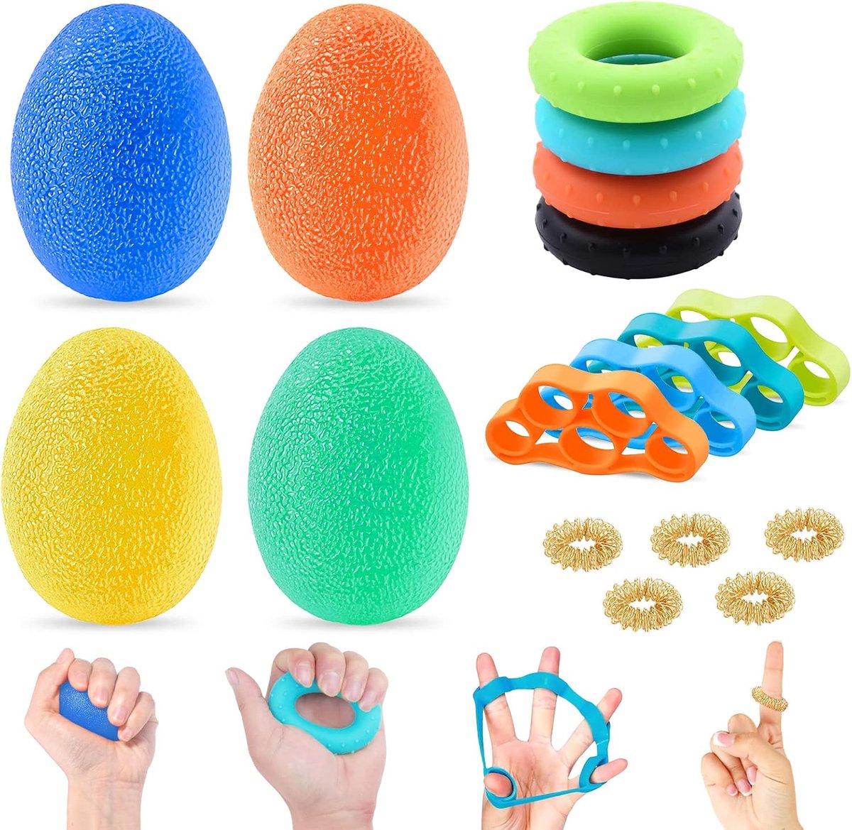 Pack of 12 Hand Trainer Set, 6 x 4.2 cm Egg Grip Balls, Stress Ball with 5 Finger Massagers for Strengthening the Hand - ShopVlot