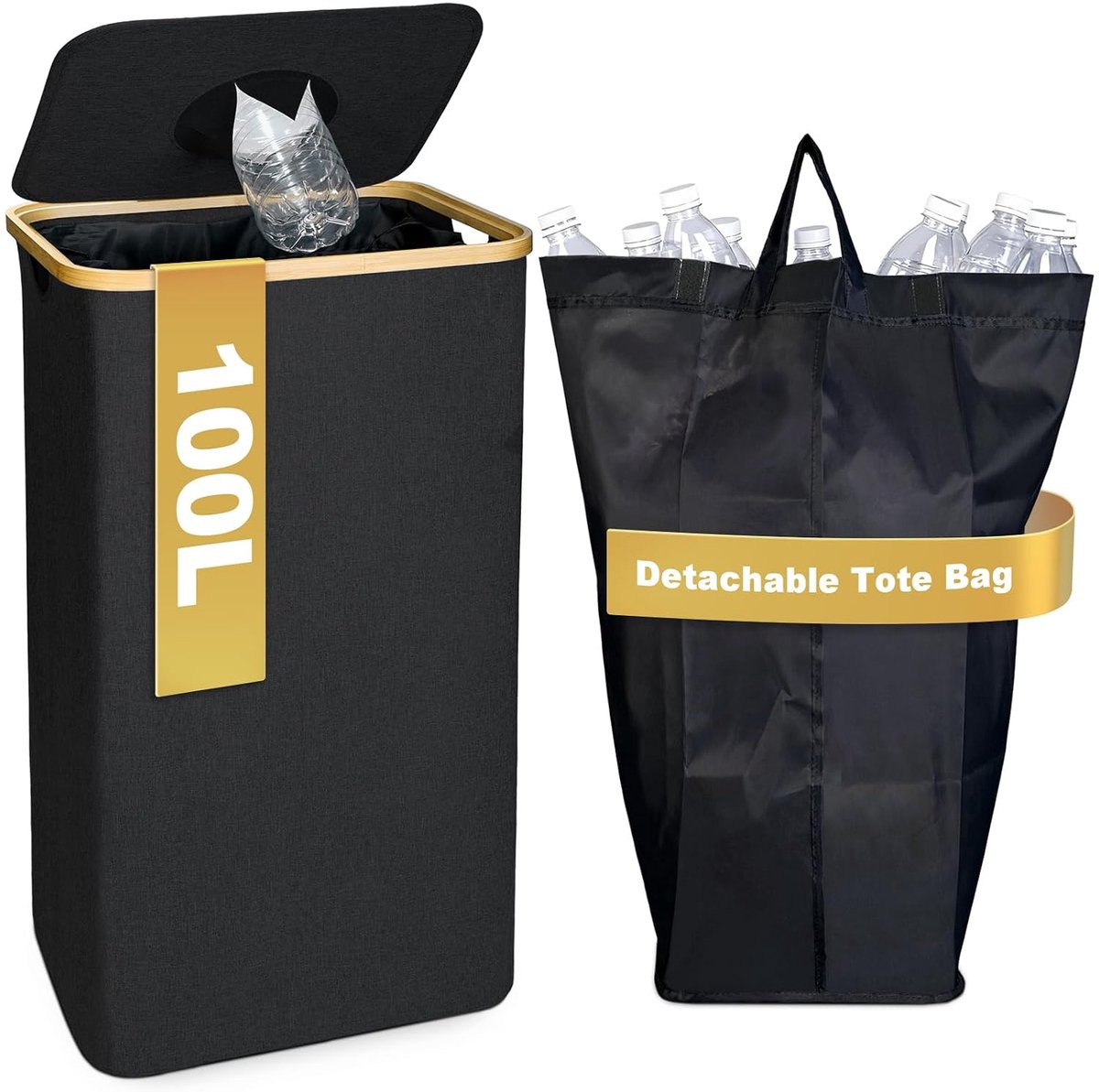 Recycling collection bin for deposit bottles, black with wooden rim, lid with throw-in opening - ShopVlot