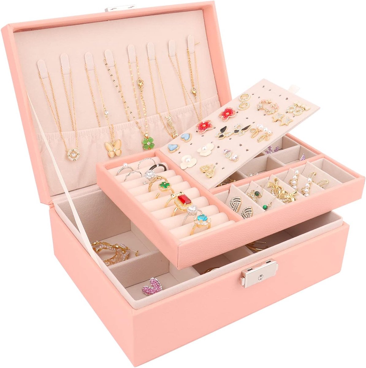 Talifoca Women's Jewellery Box, 2 Layers, PU Leather, Jewellery Organiser Box for Earrings, Rings, Earrings, Bracelets - ShopVlot