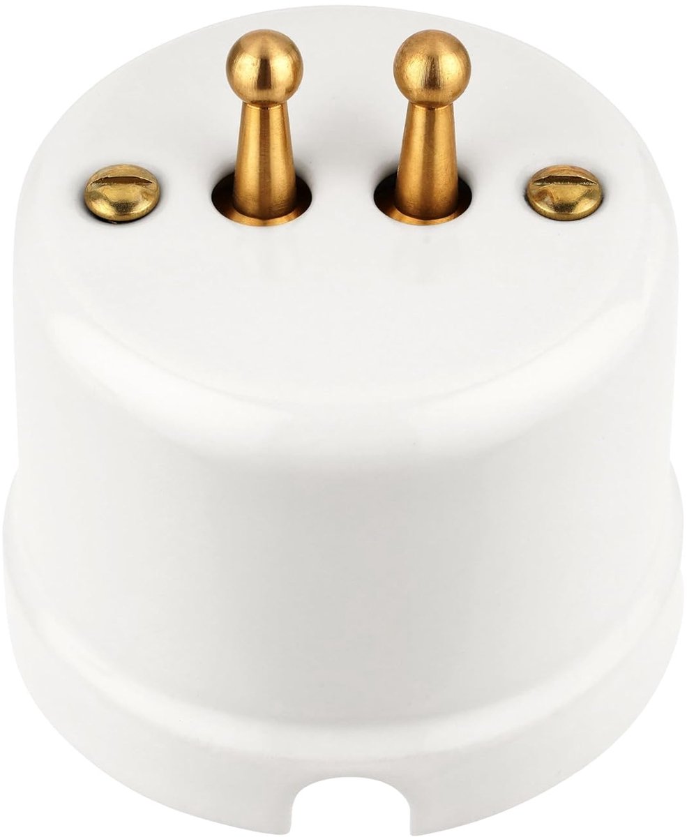 Surface mounted porcelain Retro Toggle Brass double switch, All-in-One, series QR1 white - ShopVlot