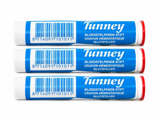 Drie blauwe Tunney aluin stiften met rode dop en witte tekst: "BLOEDSTELPENDE STIFT".