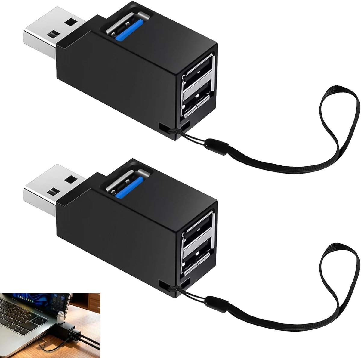 2 stuks USB 3.0 hub 3 poorten, mini-USB-hub voor computer, USB-verdeler met 1 USB 3.0-poort en 2 USB 2.0-poorten - ShopVlot