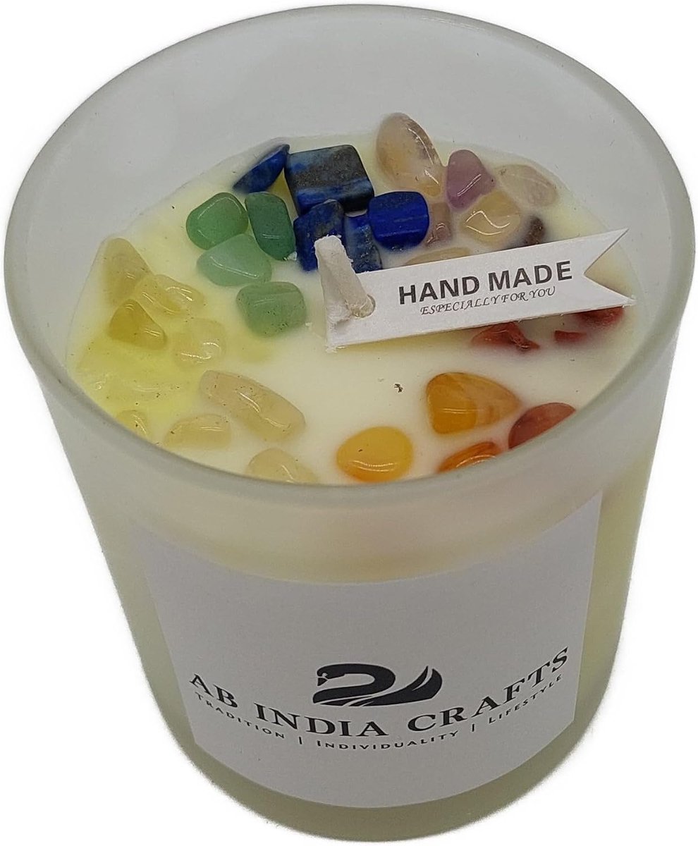 Handmade 7 chakra gemstones English pear & Freesia scented candle 220g soy wax in glass - harmony love meditation - ShopVlot