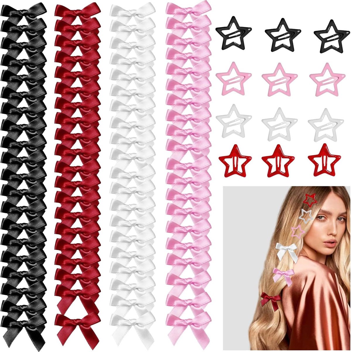 92 Pcs Bow Star Hair Clip Set, 80 Mini Ribbon Bow Barrettes and 12 Stars Barrettes 4 Colors Cute Satin Bow Hairpins - ShopVlot