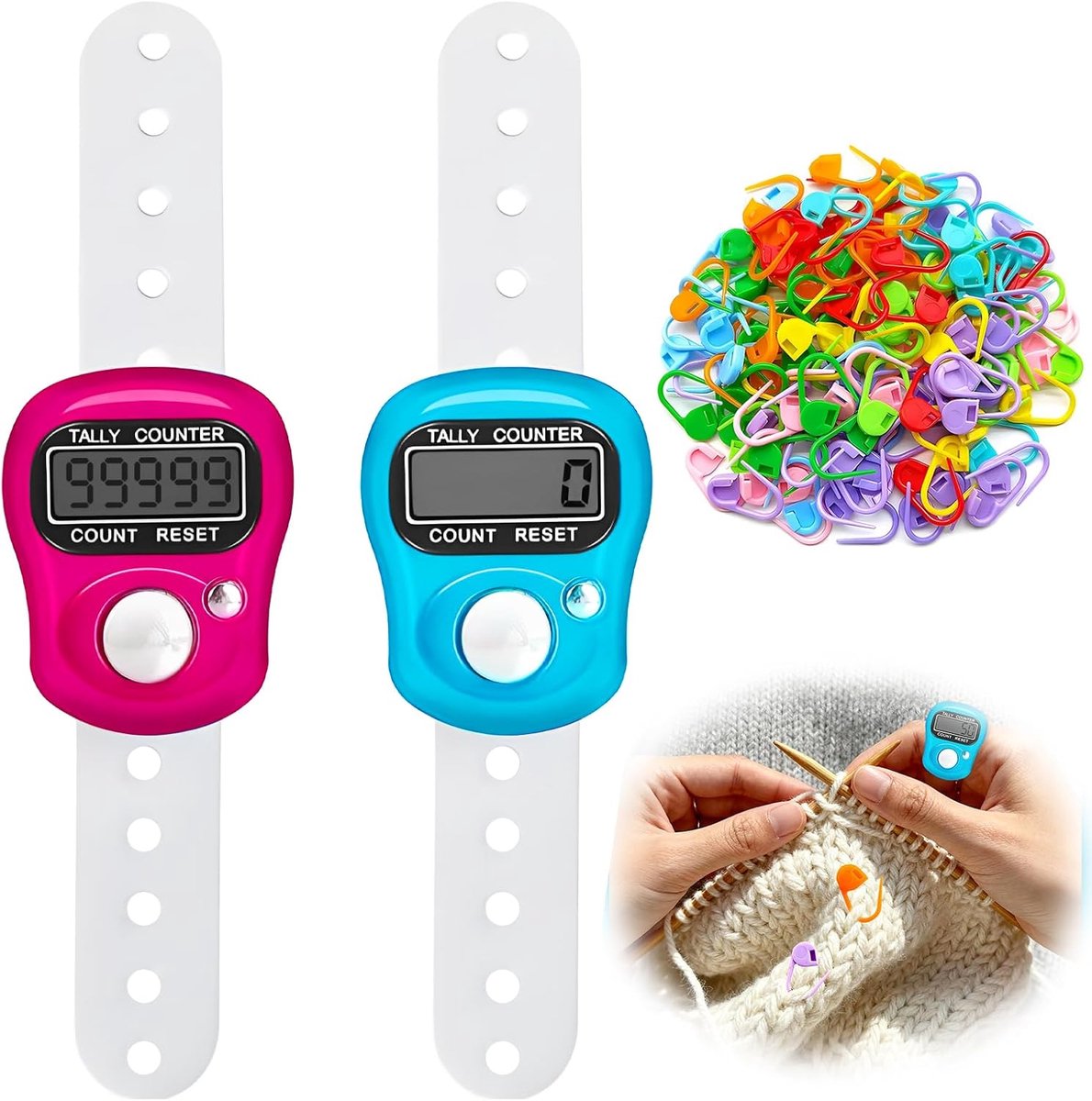 Set of 2 finger counters, electronic ring counter, mini digital manual counter, including 50 markers for knitting and - ShopVlot