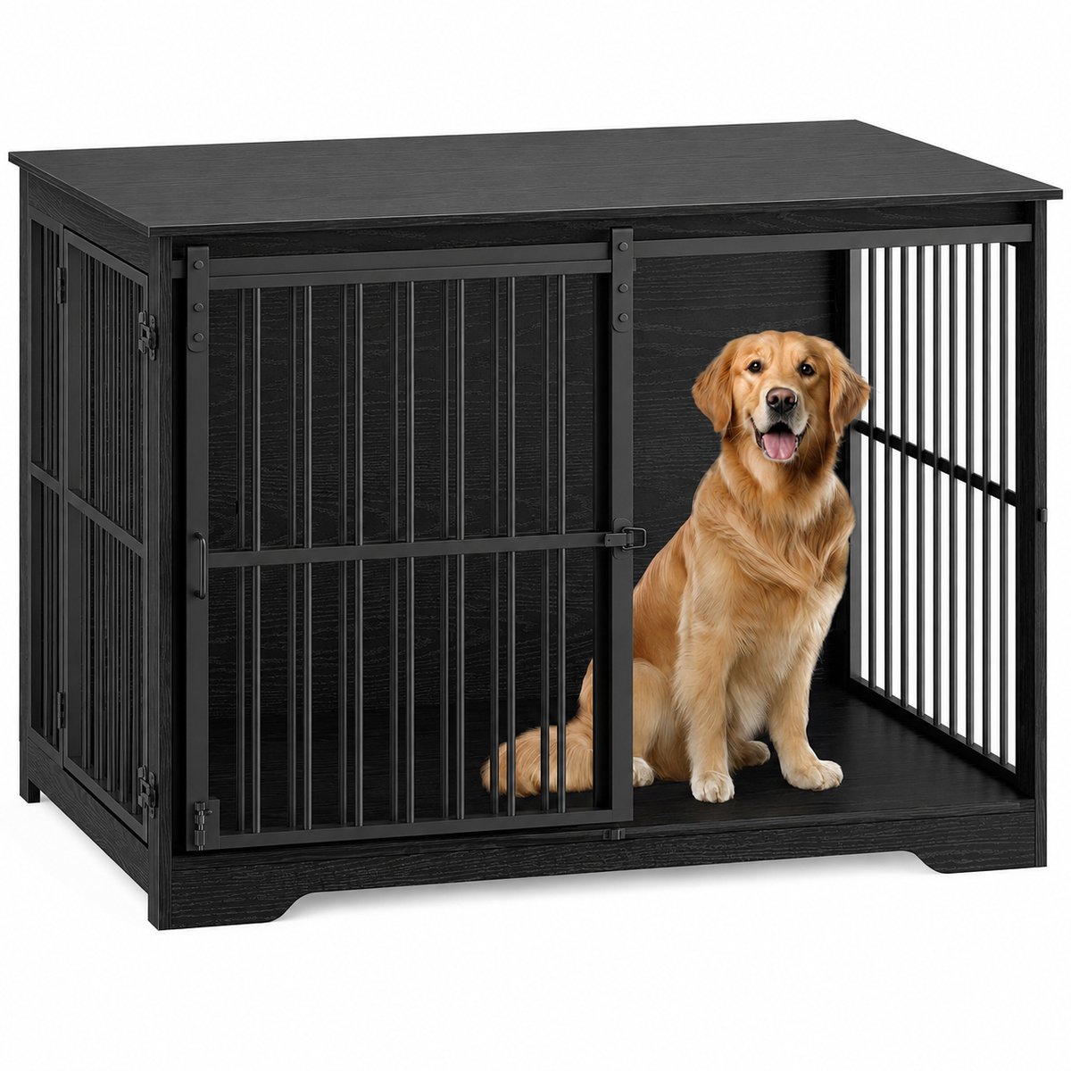 DPLUNIQ Hondenbench - Hondenhok - Bench - Hondenbench meubel - 65x110x81cm - Ijzer/hout - 2 Deuren met slot - 27,6kg - Zwart