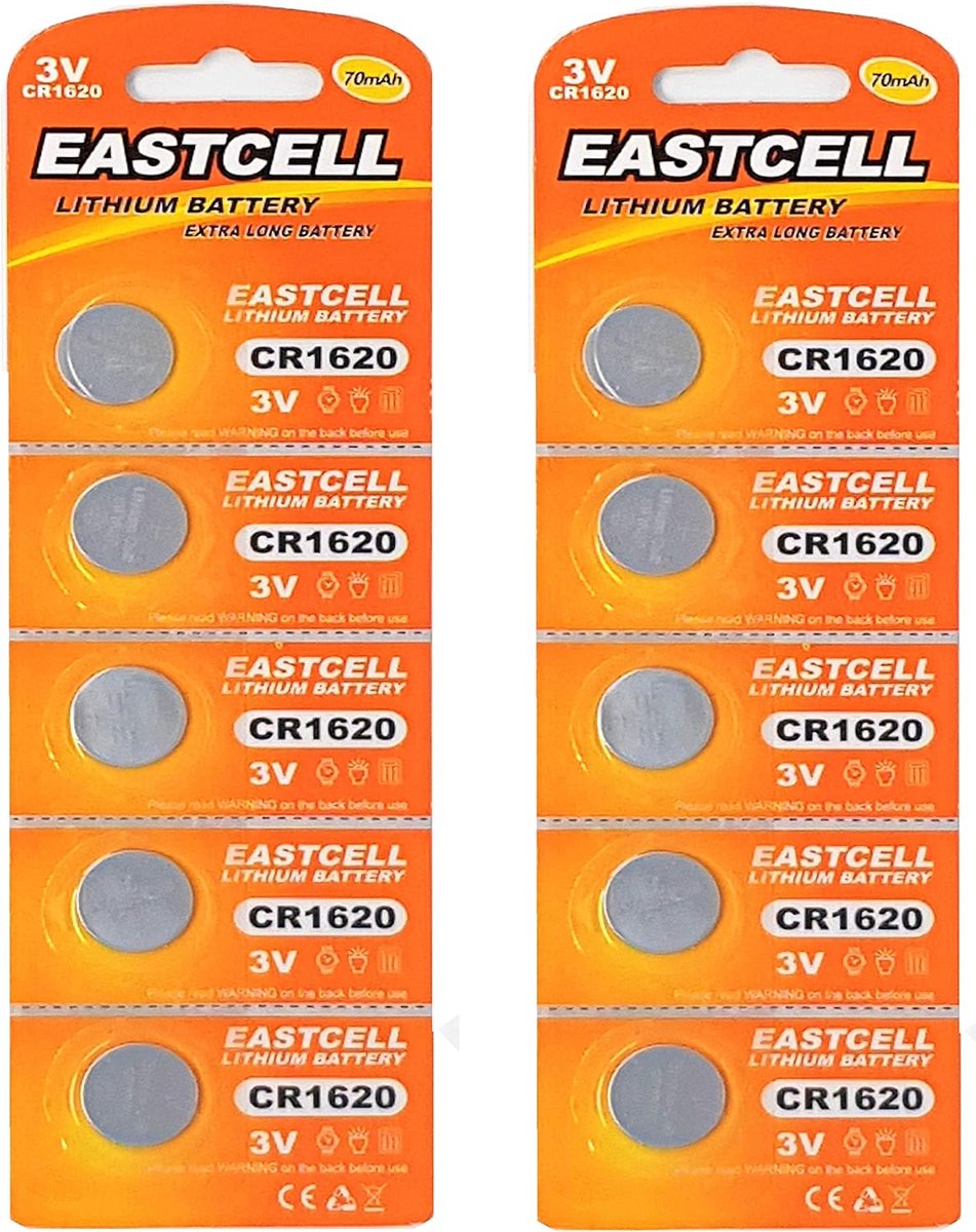 10 x CR1620 3V lithium button cell 70 mAh (2 blister cards of 5 batteries), disposable branded product. EASTCELL - ShopVlot