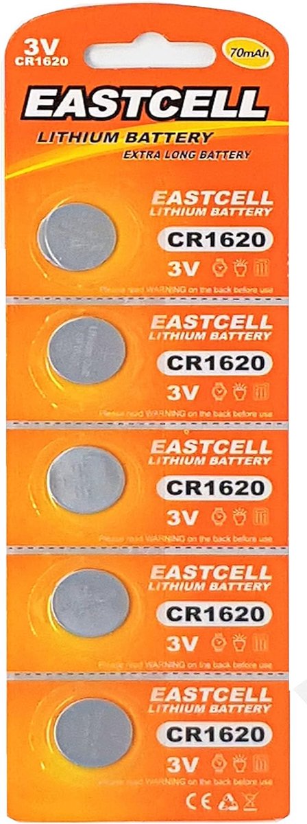 5 x CR1620 3V lithium button cell 70 mAh (1 blister card of 5 batteries) Disposable branded product. EASTCELL - ShopVlot