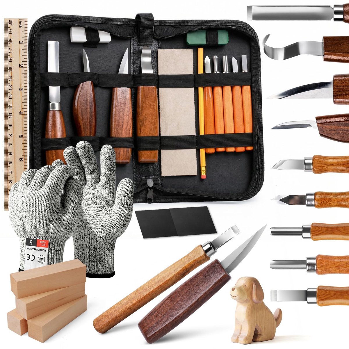 Houtsnijwerk Set 23 Delig - Carving Messen Set met 4 Grote Messen, 5 Detailmessen, Handschoenen en Lindehout - DIY Houtbewerking voor Beginners en Volwassenen